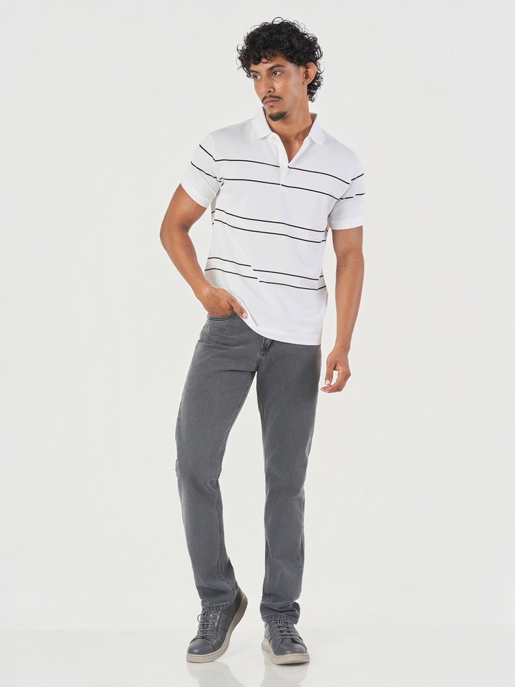 White Striped Cotton Polo T-Shirt