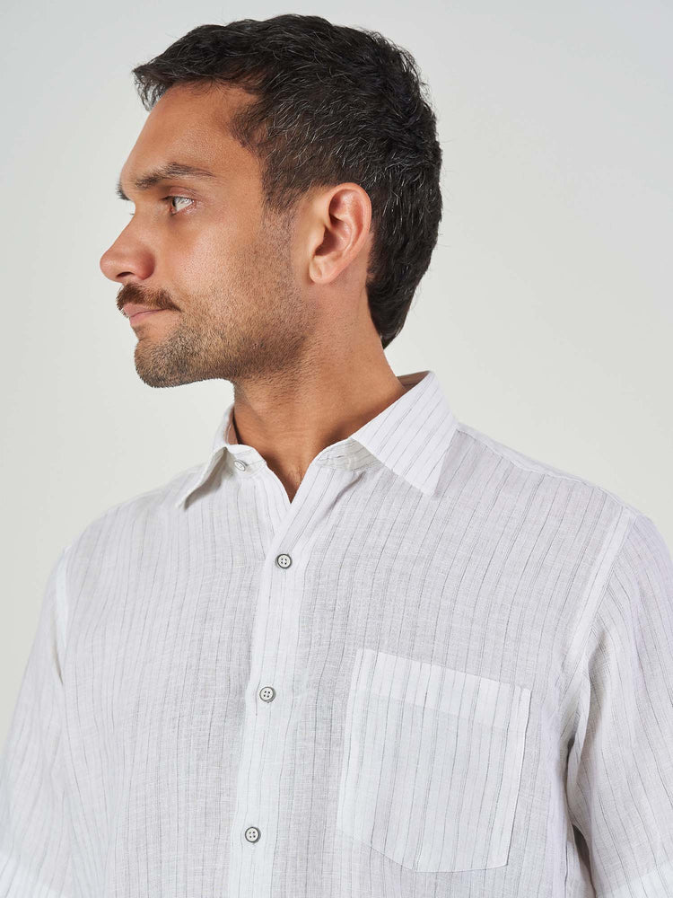 White Striped Linen Regular Fit Short Sleeve Shirt