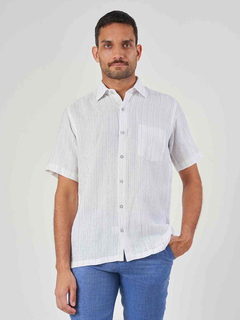 White Striped Linen Regular Fit Short Sleeve Shirt