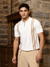 White and Tan Striped Regular Fit Knit Polo