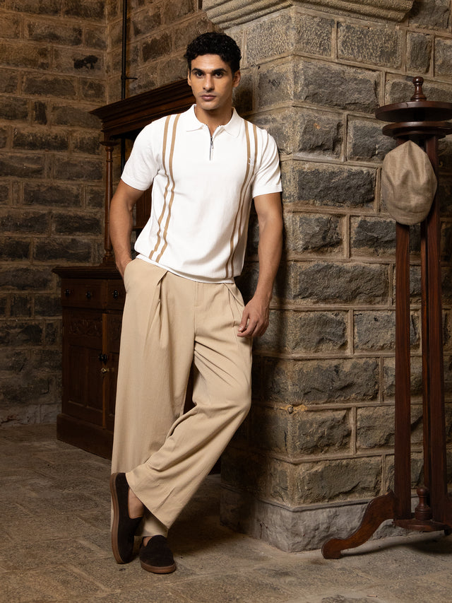 White and Tan Striped Regular Fit Knit Polo