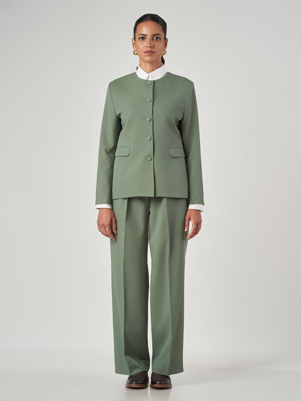 Sage Green Collarless Single-Breasted Formal Suit