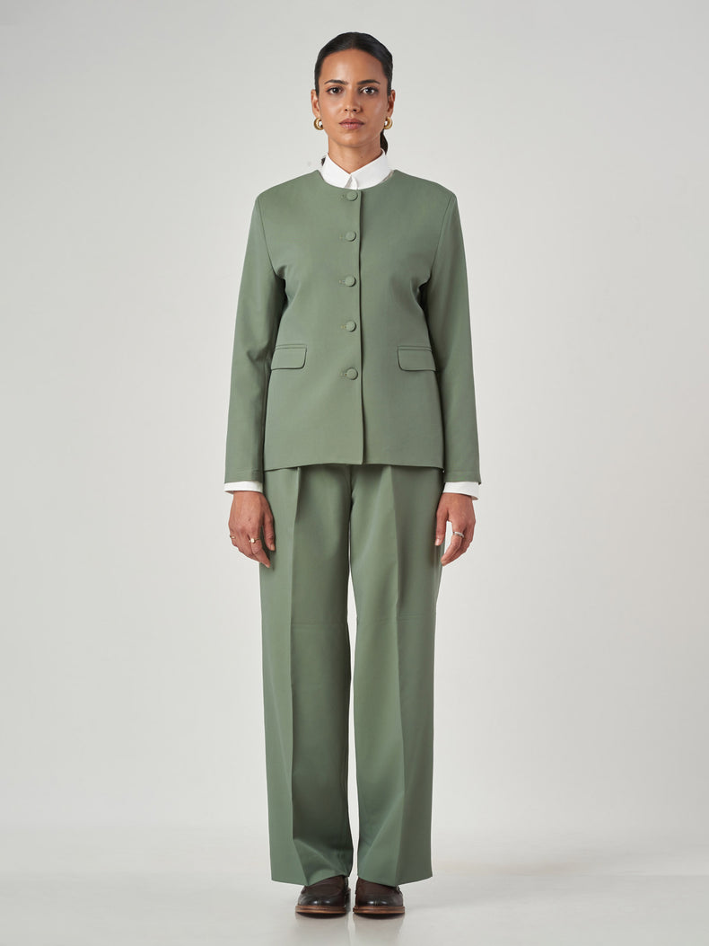 Women’s Sage Green Collarless Single-Breasted Formal Suit