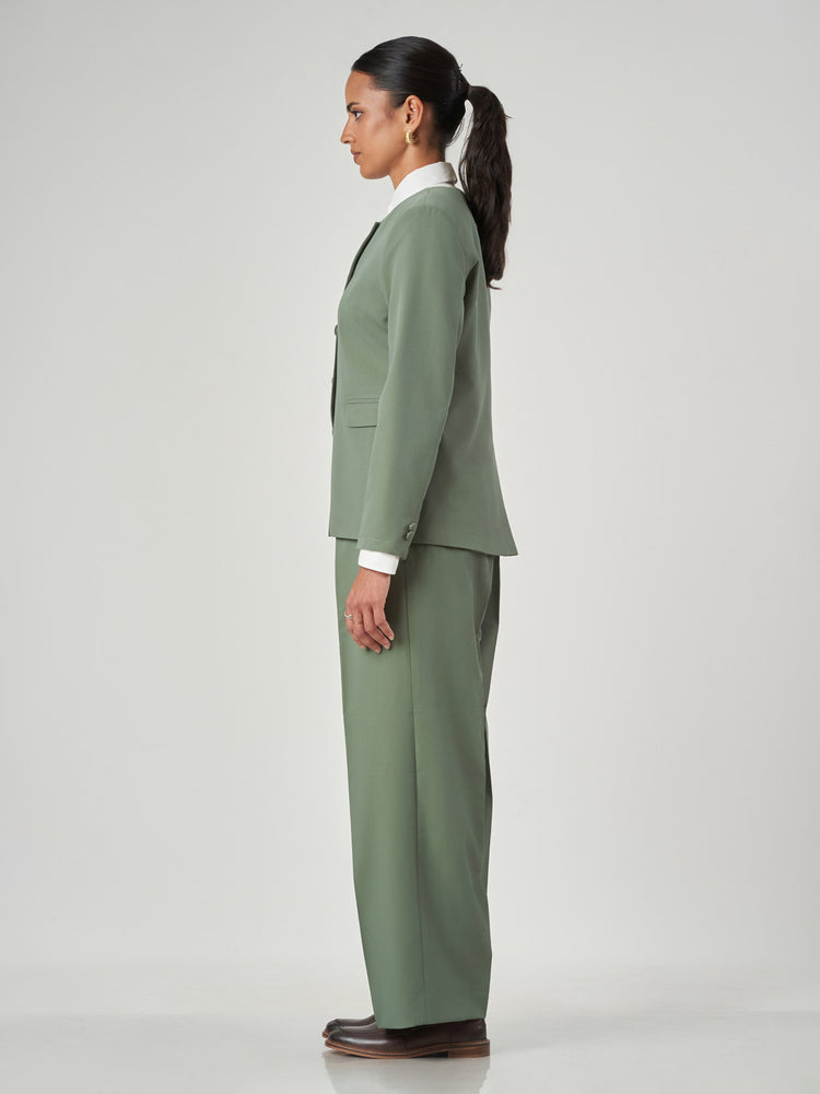 Women’s Sage Green Collarless Single-Breasted Formal Suit