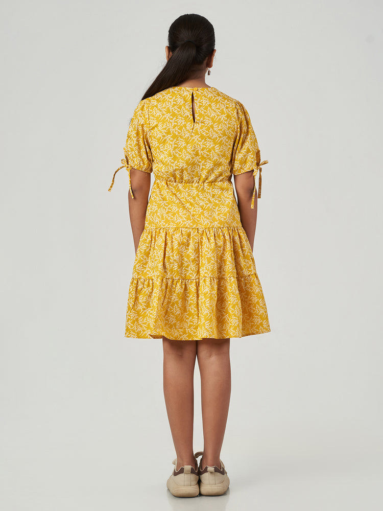 Yellow Floral Printed Cotton Puff Sleeve Frock