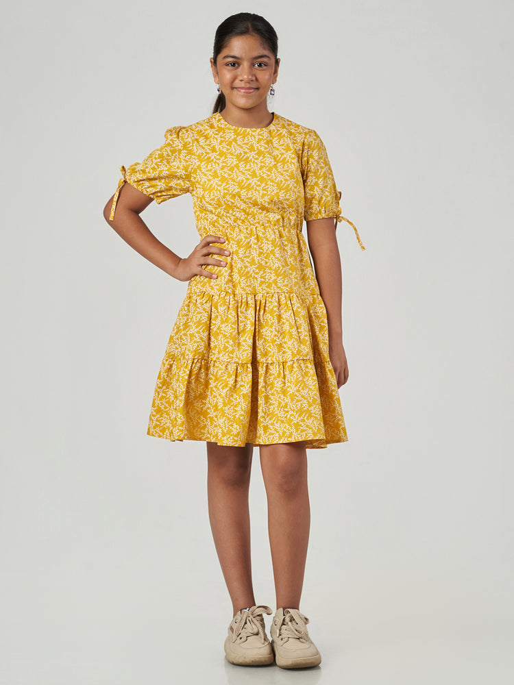 Yellow Floral Printed Cotton Puff Sleeve Frock